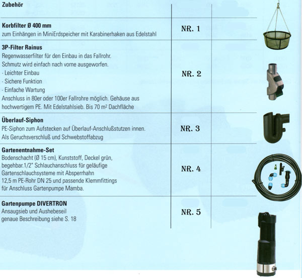 Zubeh�r Liste f�r den Regenwasser Flachtank